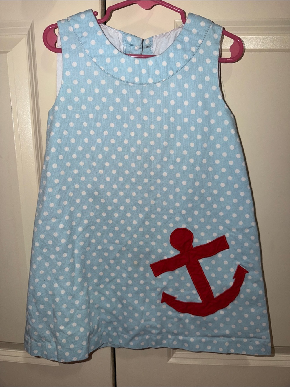 Polka Dot Anchor Sleeveless Kids Dress - Light Blue & Red